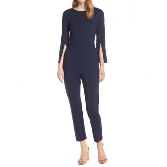 ALI & JAY Pants - Ali & Jay Navy Blue Slit Sleeve Slim Leg Jumpsuit